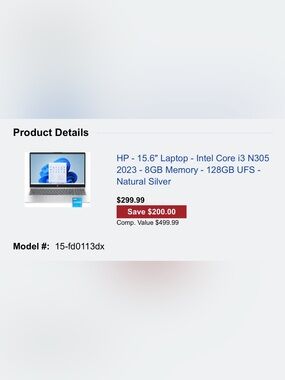 HP 15.6” laptop Intel Core i3 N305 2023 8GB Memory 128 GB UFS - Natural Silver